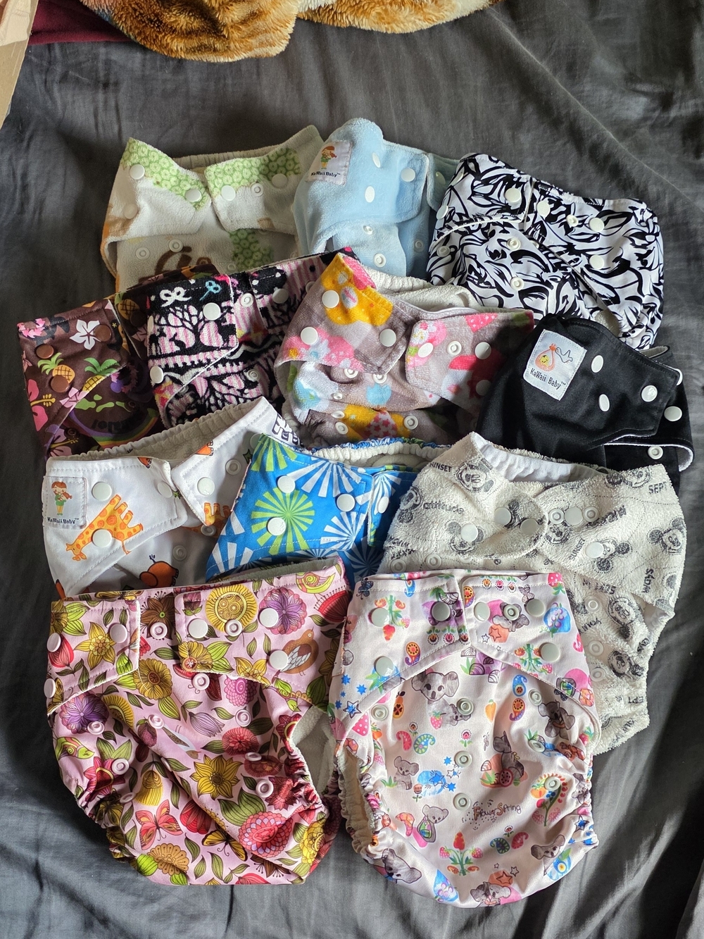 Big lot of 12 Kawaii Baby pocket cloth diapers in fun prints & w/ Pocket Insert